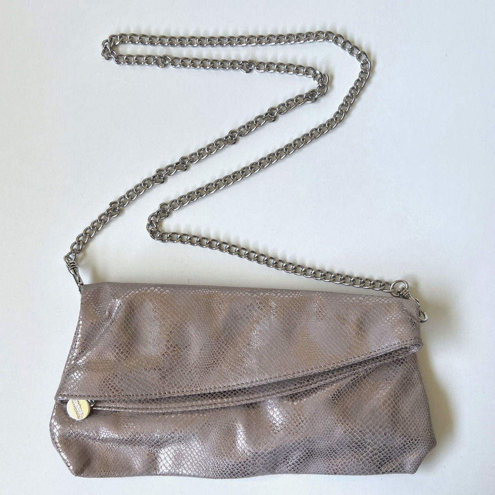 Mark Metallic Taupe Snakeskin Foldover Clutch Crossbody Bag Chain Strap Purse